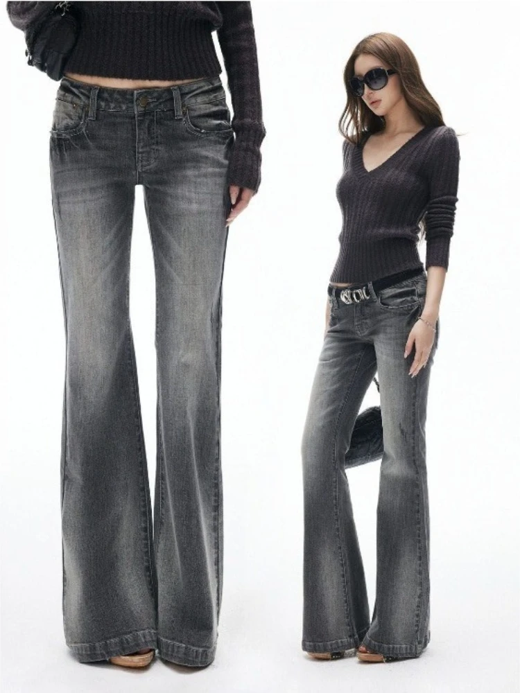 HOUZHOU Y2k Low Waist Women Jeans Vintage Washed Gray Bootcut Jeans Casual Office Wear Classic Skinny Flared Denim Trousers