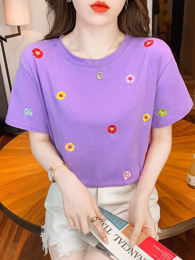 Women Short Sleeve T-shirts Sweet Girls Summer Loose Flower Embroidered Trendy Tops Soft Ulzzang Tees Females 2023