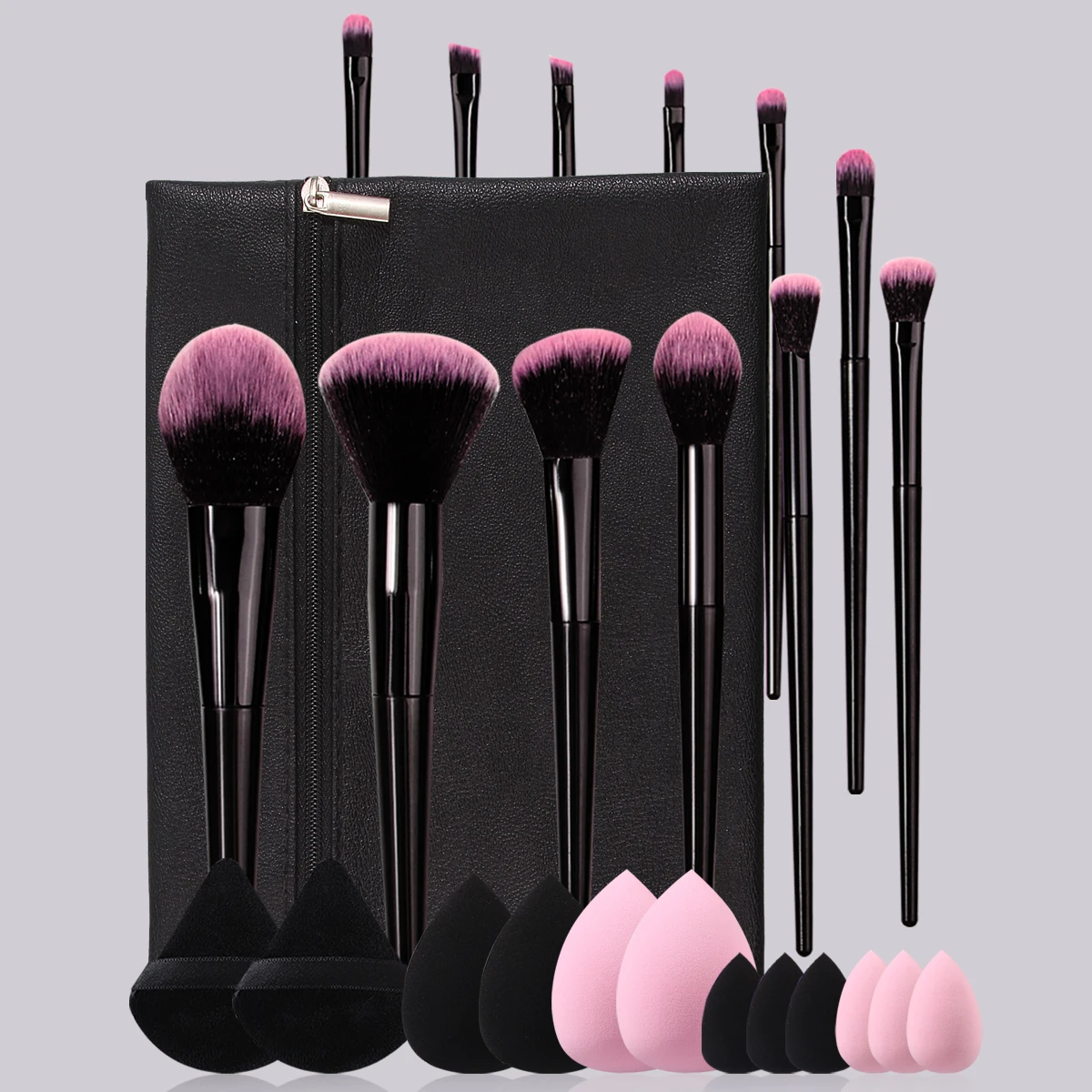 12 pçs conjunto de escova de maquiagem facial multifuncional macio + 12 pçs seco e molhado dupla finalidade beleza ovo em pó puff + 1 pçs saco de armazenamento
