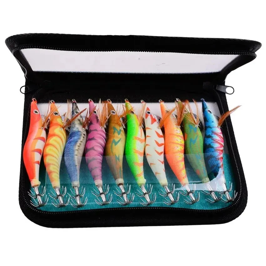 

Fishing Wood Shrimp Luminous Squid Octopus Lure 10PCS 3.0 3D Eyes Fishing Lure Hard Bait Wobbler Squid Jig Lure with Bag