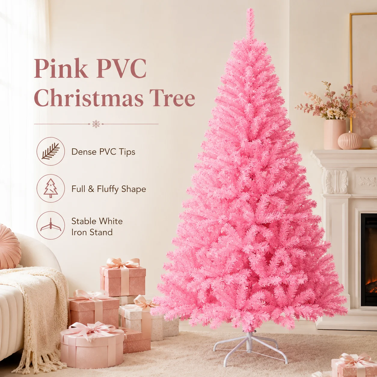 Artificial Pink Christmas Tree PVC Encryption with LED Lights Large Christmas Tree 1.2M to 2.1M Home Christmas Party Decorations