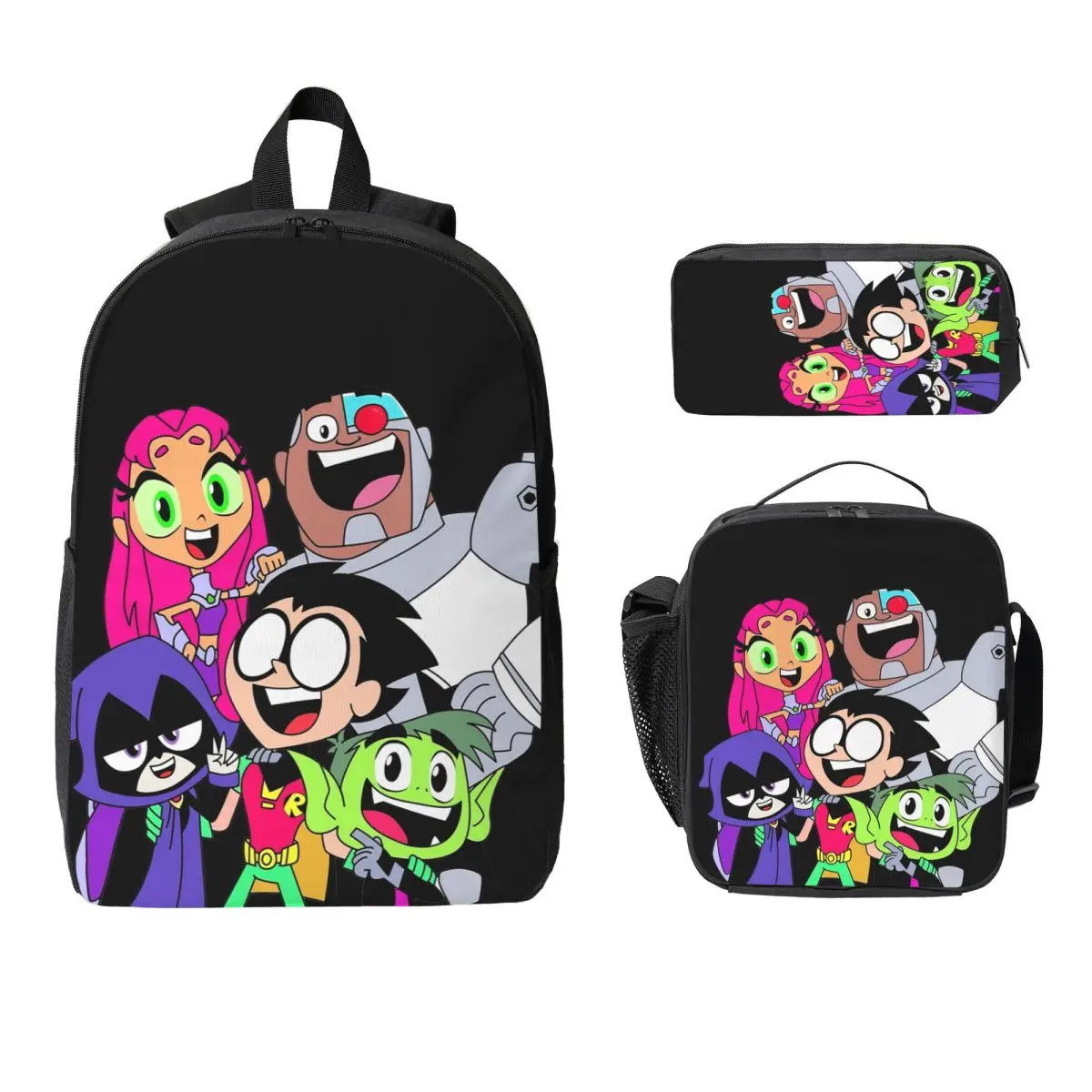 ティーンタイタンズ画像バックパック学生男の子女の子ブックバッグスクールバッグラップトップショルダーバッグ-3ps-断熱ランチバッグ鉛筆ケース