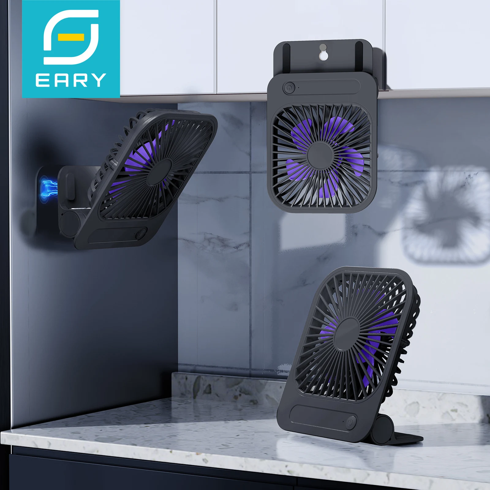 Eary 1200mAh Portable Magnetic Desk Fan Ultra-thin USB Rechargeable Fan 180°Adjustable 4 Speeds Wall Fans Personal Cooling Fans
