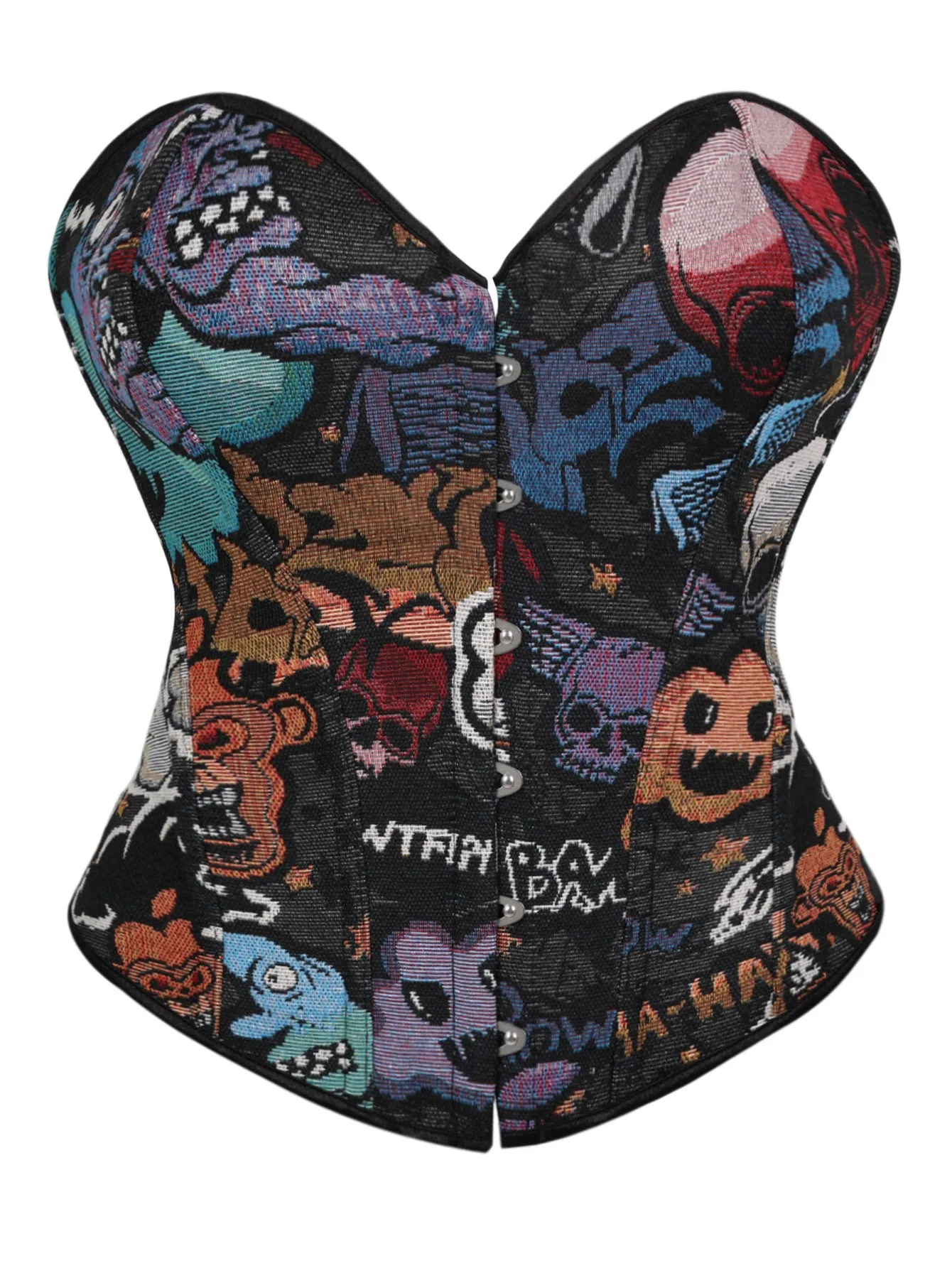 Damen-Korsett mit Halloween-Totenkopf-Cartoon-Motiv, trägerlos, herzförmiger Ausschnitt, Metallhaken vorne, Satin-Rücken mit Schnürung