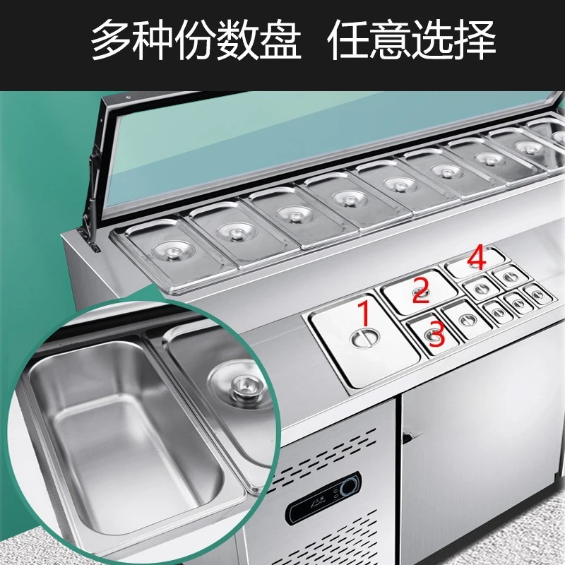 فتحة تبريد الهواء، طاولة رش البيتزا، طاولة سلطة تجارية لحفظ الطعام الطازج، خزانة عرض صيد الفاكهة، ثلاجة،