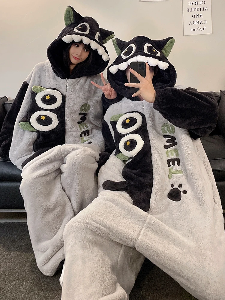 

DAIMELU cartoon long sleeved pajamas men's winter one-piece coral fleece flannel male large-size loungewear set sleepwear suit