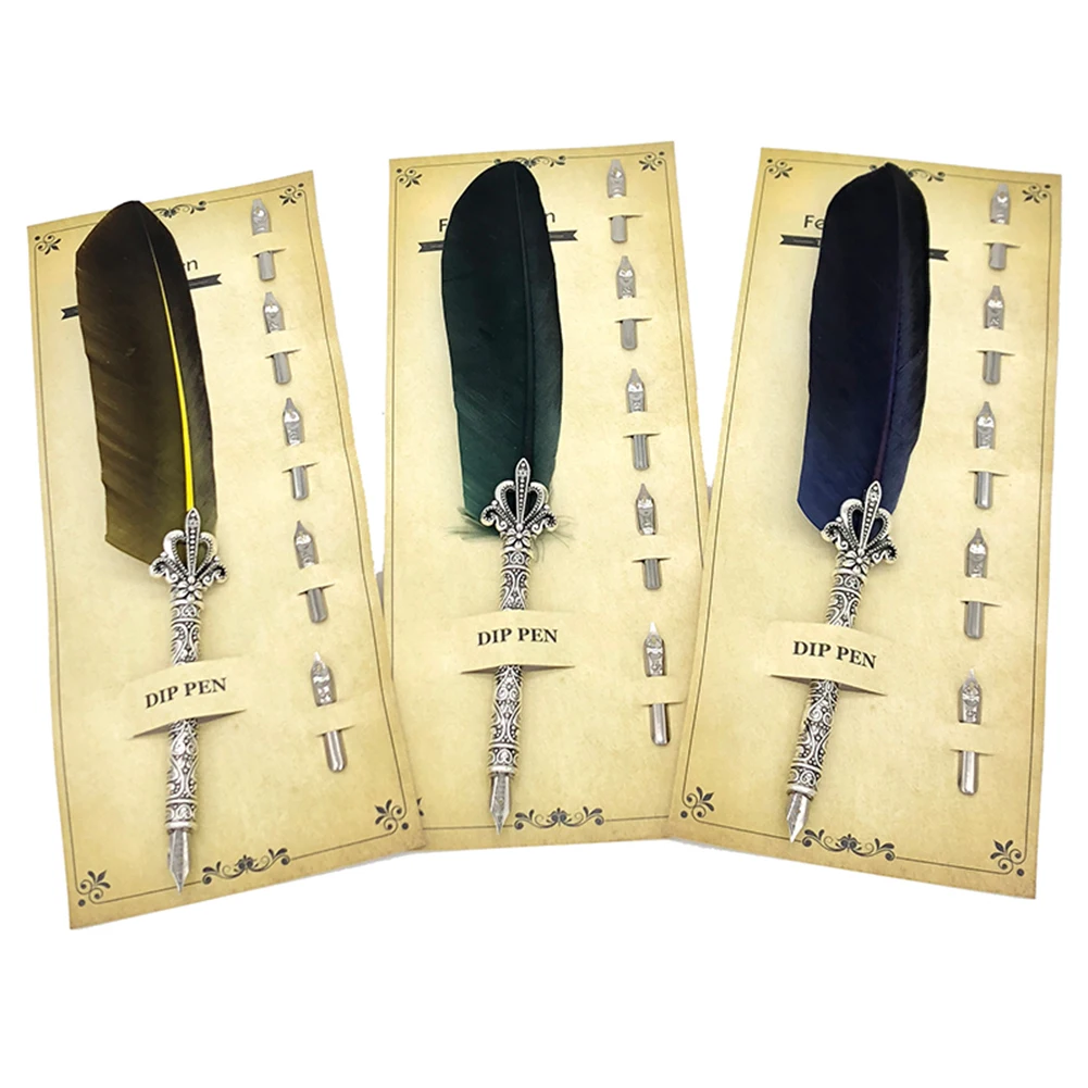 Pióro kaligraficzne z piórką do pisania, 5 stalówek, atrament do pisania, pióro wieczne, retro art