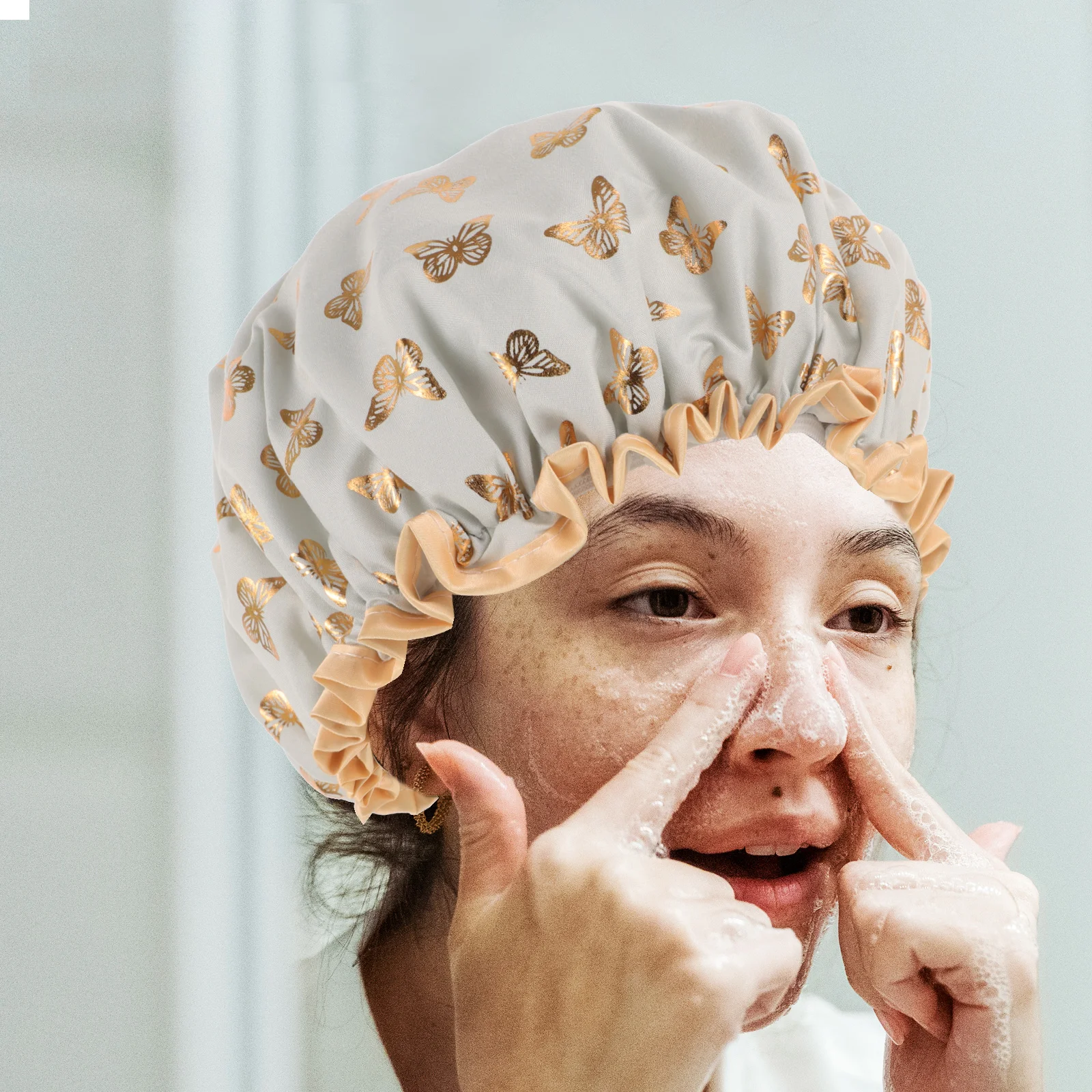 

Reusable Waterproof Shower Cap for Women Bathing Hair Mask Long Fabric Comfortable Decorative Elastic Stretchy Multi Functional