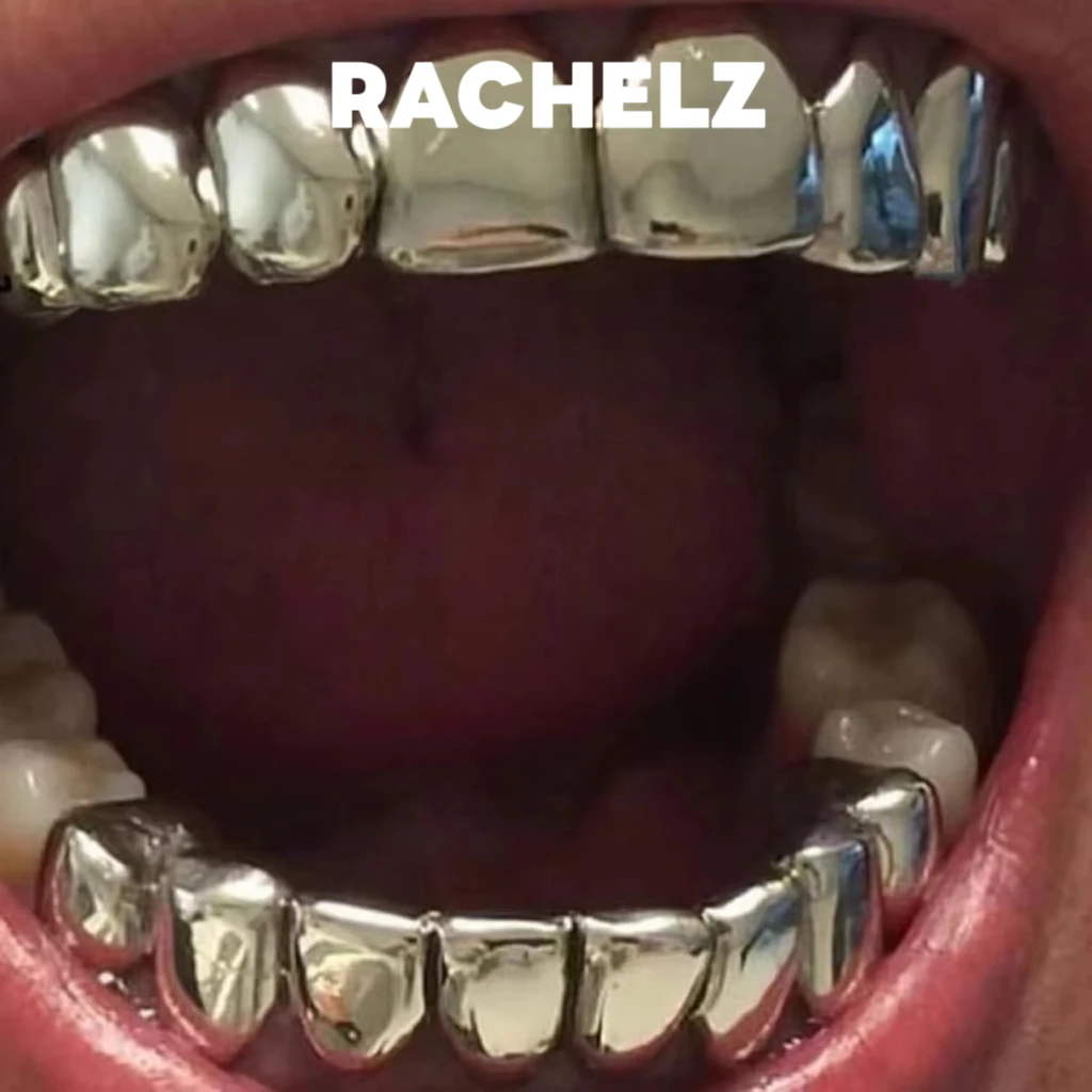 RACHELZ Fashion 8/8 Glossy Teeth Grillz Top Bottom Hip Hop 14K Gold Plated Tooth Caps Decor For Women Men Jewelry Cosplay Gift