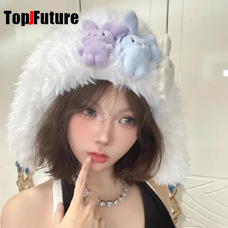 Harajuku damska Steampunk Y2K dziewczyna Lolita gotycka miękka czapka pluszowa lalka-królik dekoracja śliczna ciepła biała czapka z uszami królika