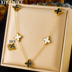 XIYANIKE 316L Stainless Steel Black White Double-Sided Cross 4-Leaf Flower Necklace For Women Creative Party Gift Clavicle Chain