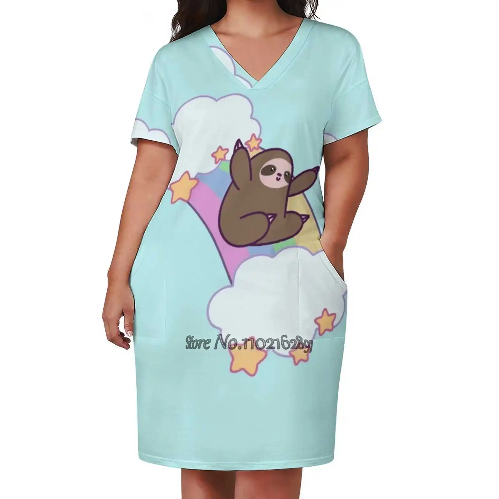 Rainbow Cloud Sloth Sexy V-Neck Dress Fashion Casual Printed High Quality Short Sleeve Skirt 5Xl Sloth Sloths Animals Clouds