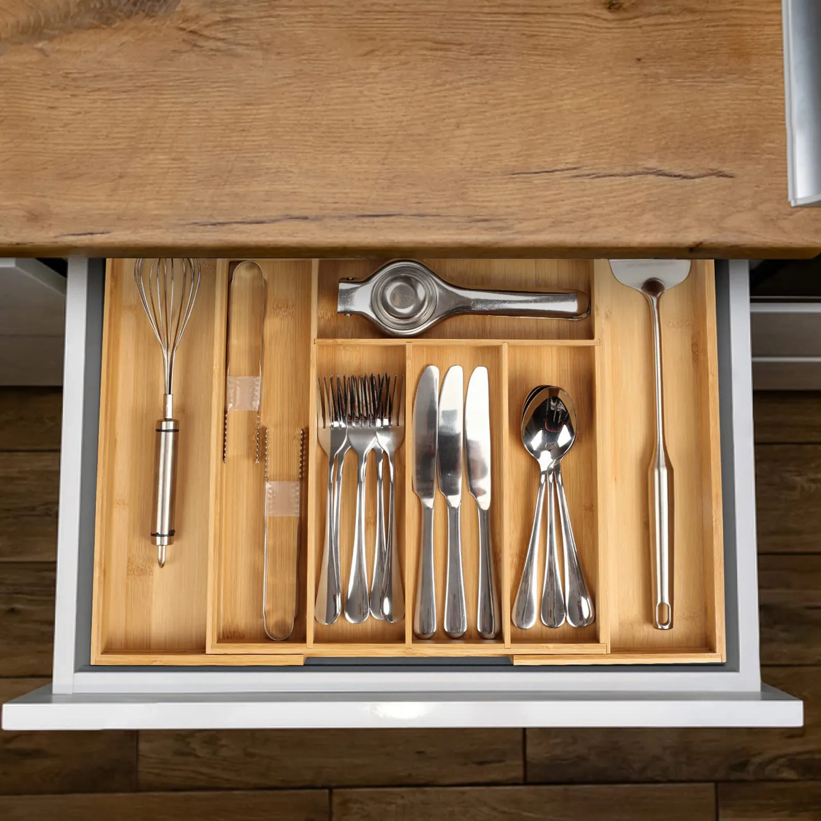 

‌Bamboo Drawer Organizer Expandable Adjustable Cutlery Tray for Kitchen Utensils Silverware Storage Home Organization Tool