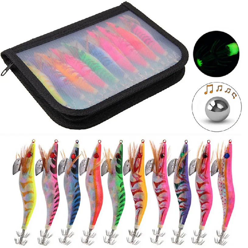 

10Pcs 12g-20g Squid bait Wooden Shrimp jig hook With Rattle Octopus Lures Cuttlefish luminous jigging Squid Fishing lure