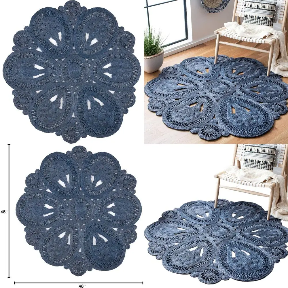 

Темно-синий джутовый ковер ручной работы в стиле бохо диаметром 4 фута с цветочным принтом — натуральное волокно, круглый декоративный коврик