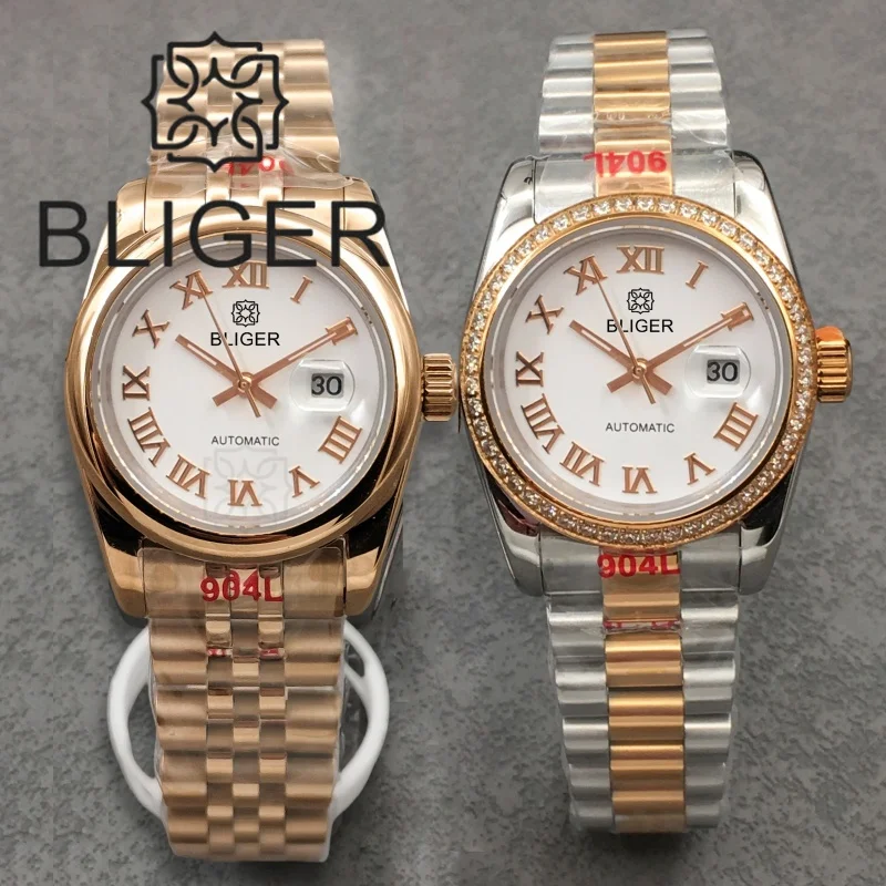 

BLIGER 31mm Luxury Women NH05 Automatic Watch Two Tone Gold Bracelet Diamond Bezel Sapphire Glass Roman Time Marks Waterproof