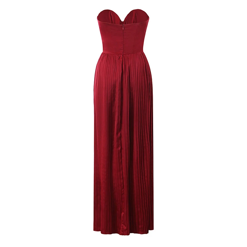 YENKYE Sexy Elegant Women Wine Red Pleated Strapless Dresses Fit And Flare Long Evening Party Dress Female Christmas Maxi Robe