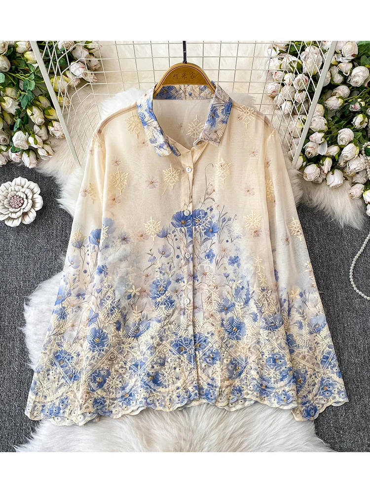 Women's Spring Shirt Korean Version Advanced Embroidery Printed Lapel Long Sleeved Shirt Loose Slimming Shirt Sheer Top BL208