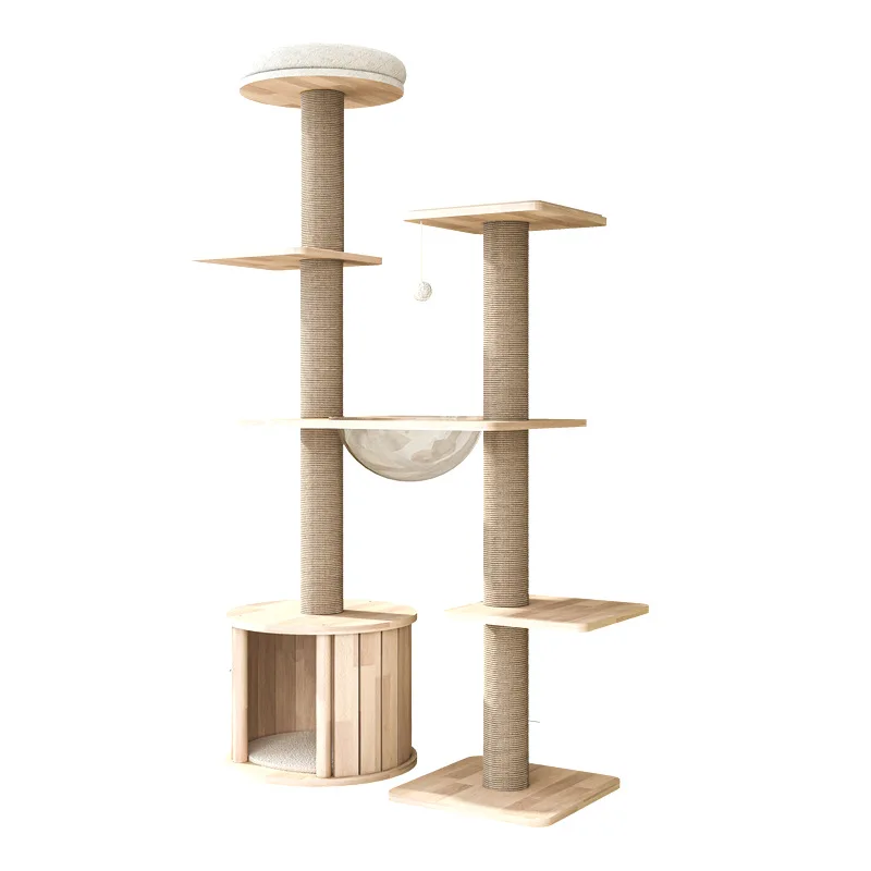 Solid Wood Cat Tree, Multi-Level Climbing Tower, Condo Scratcher Playhouse, 1-Piece Cat Activity Center Toy