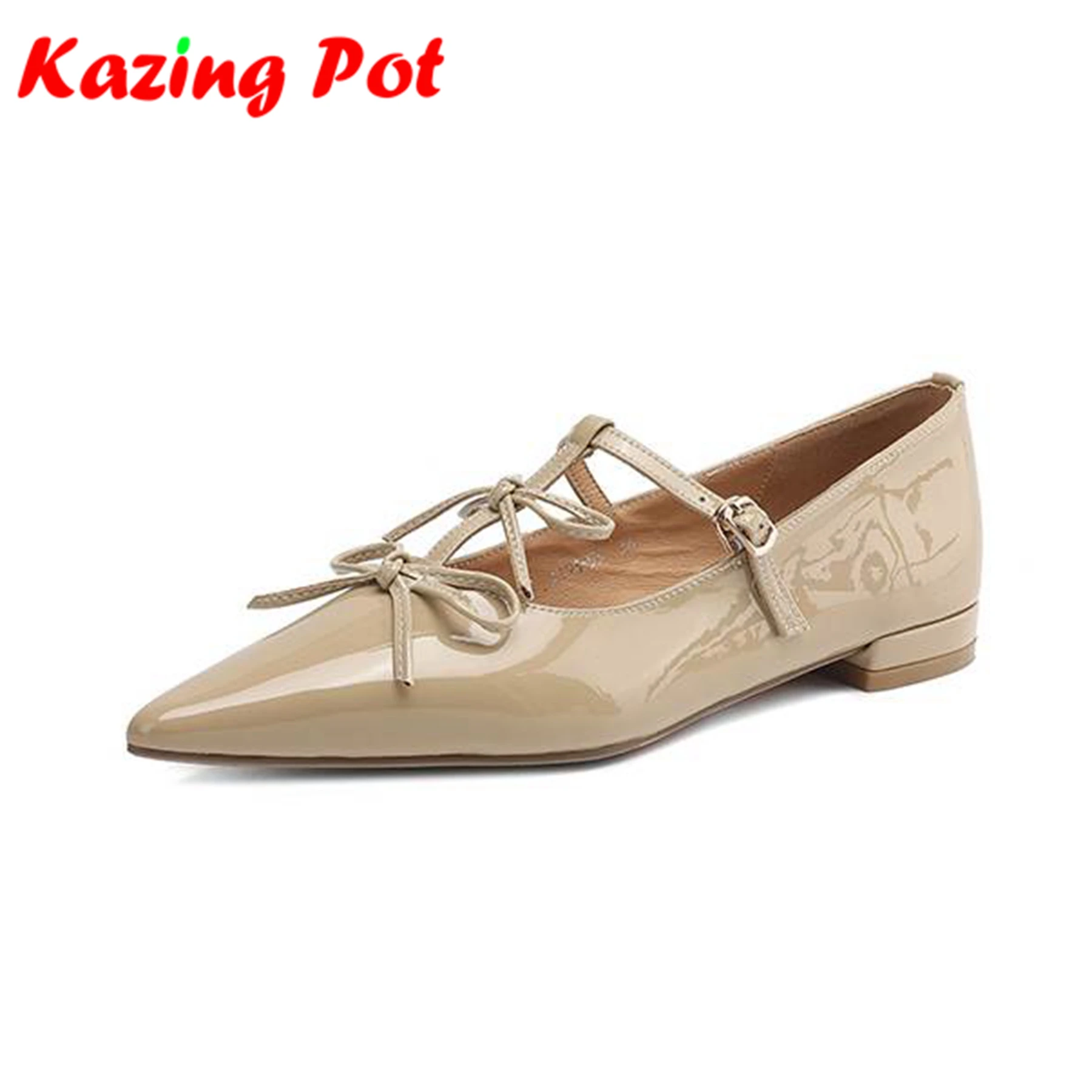 

Krazing Pot Cow Skin Pointed Toe Low Heels Summer Butterfly-knot Decoration Size 42 Ankle Straps Modern Superstar Women Pumps