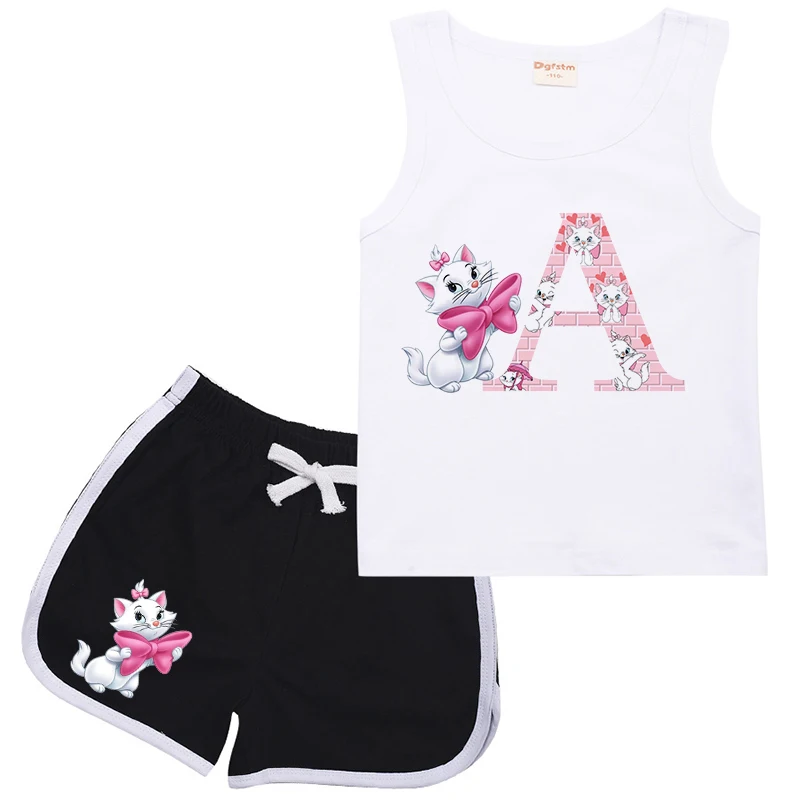 Disney Marie Cat Children Suit Letter ABCDEFG Sports Black Clothes Casual Sleeveless Girl Boy Vest & Shorts 2Pcs Sets Kids Wear