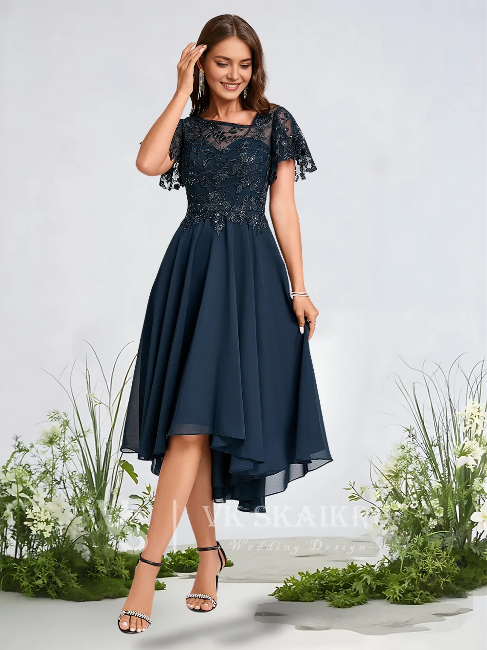 

B Dark Navy Cocktail Dresses 2025 Asymmetrical A-Line Chiffon Lace Prom Evening Dress With Ruffle Sequins Short Sleeve Back Zip