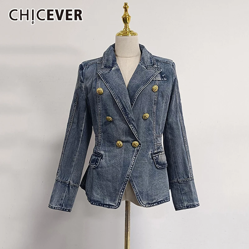 

CHICEVER Streatwear Denim Jackets For Women Notched Collar Long Sleeve Patchwork Double Breasted Slim Blazer Coat Autumn Clothes