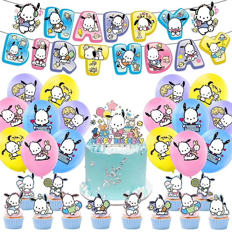 Cute Sanrio series Birthday Party dinnerware Disposable Banner Cake Topper Hanging Flag Pochacco Balloon Birthday Decoration set