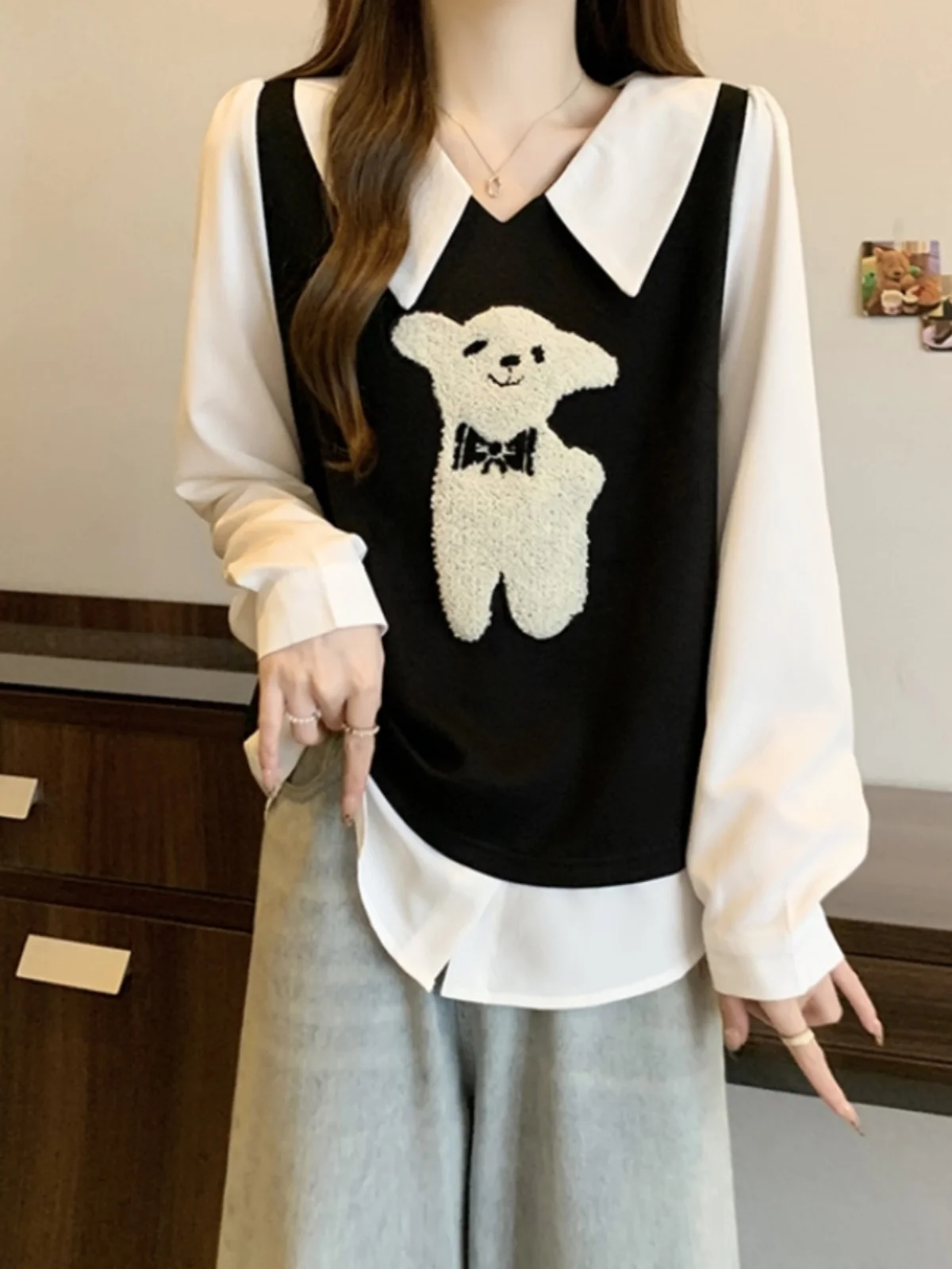 

Knitted Vest Shirt Women's Spring Autumn plus Size Slimming College Style Collar Top Fake Two-Piece Set Korean Loose Fit