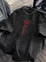 Camiseta 100% de algodón con estampado de rosa roja lavada para hombre y mujer, camiseta de verano y otoño para deportes al aire libre diarios, fiesta, informal, holgada, de calle, manga corta