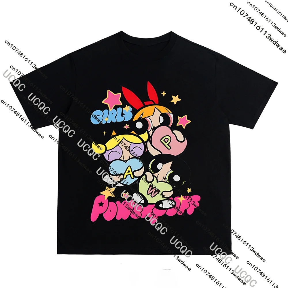 

New The Powerpuff Girls Cute Summer Women T-shirt Y2k Harajuku Fashion Holiday Street Couple Cartoon Pattern Print Tee Top