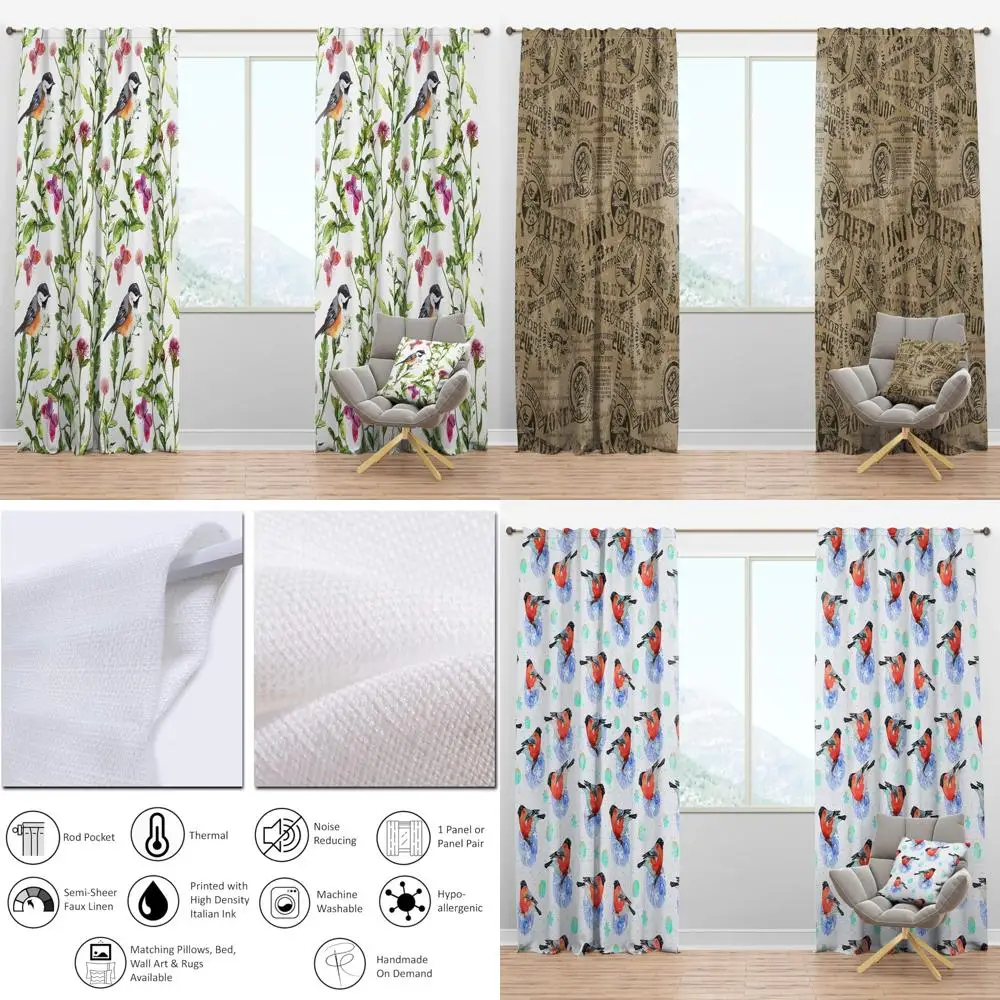 Thermal Insulated Curtains - Meadow Scene with Butterflies, Birds, and Herbs for Bedrooms and Living Rooms