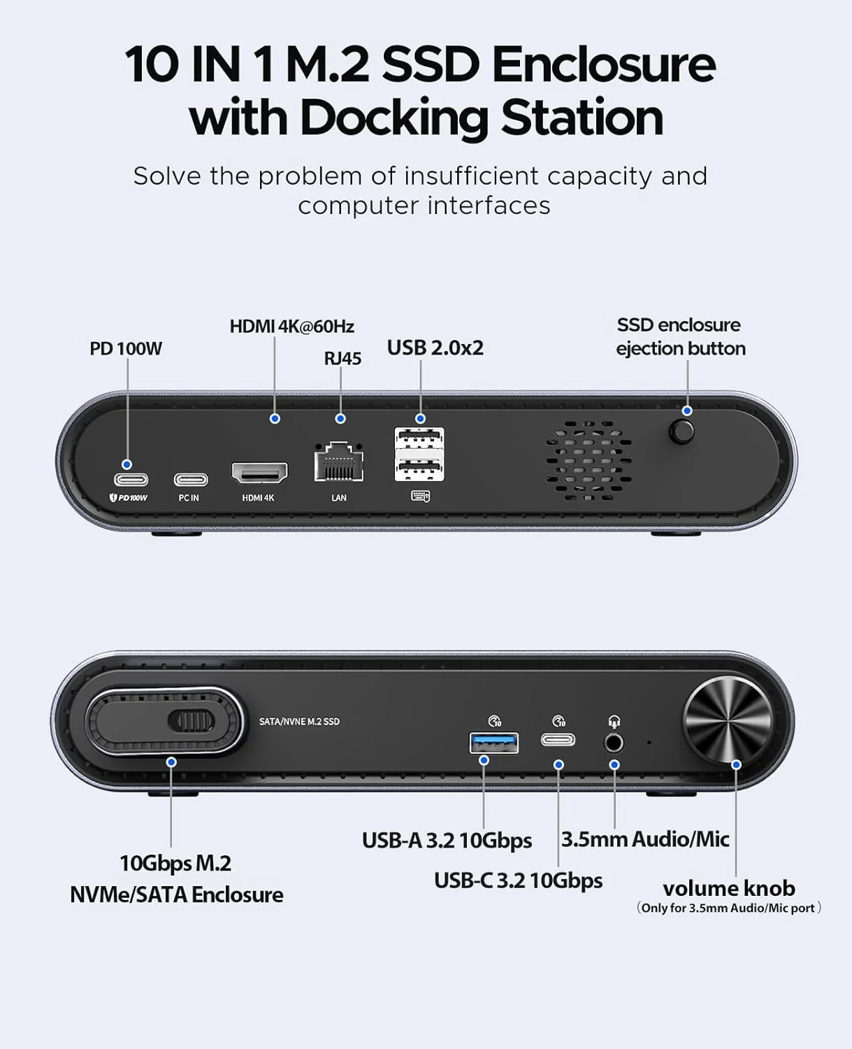 ORICO M.2 NVME SSD Case 10 in 1 USB C Docking Dtation with PD100W Charging Ethernet 4K60Hz HDMI-com 3.5mm Audio Volume Control