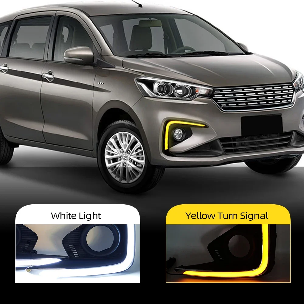 Car Flashing 2Pcs LED Daytime Running Light For Suzuki Ertiga 2018 2019 DRL Fog Lamp Cover Headlamp Yellow turn signal