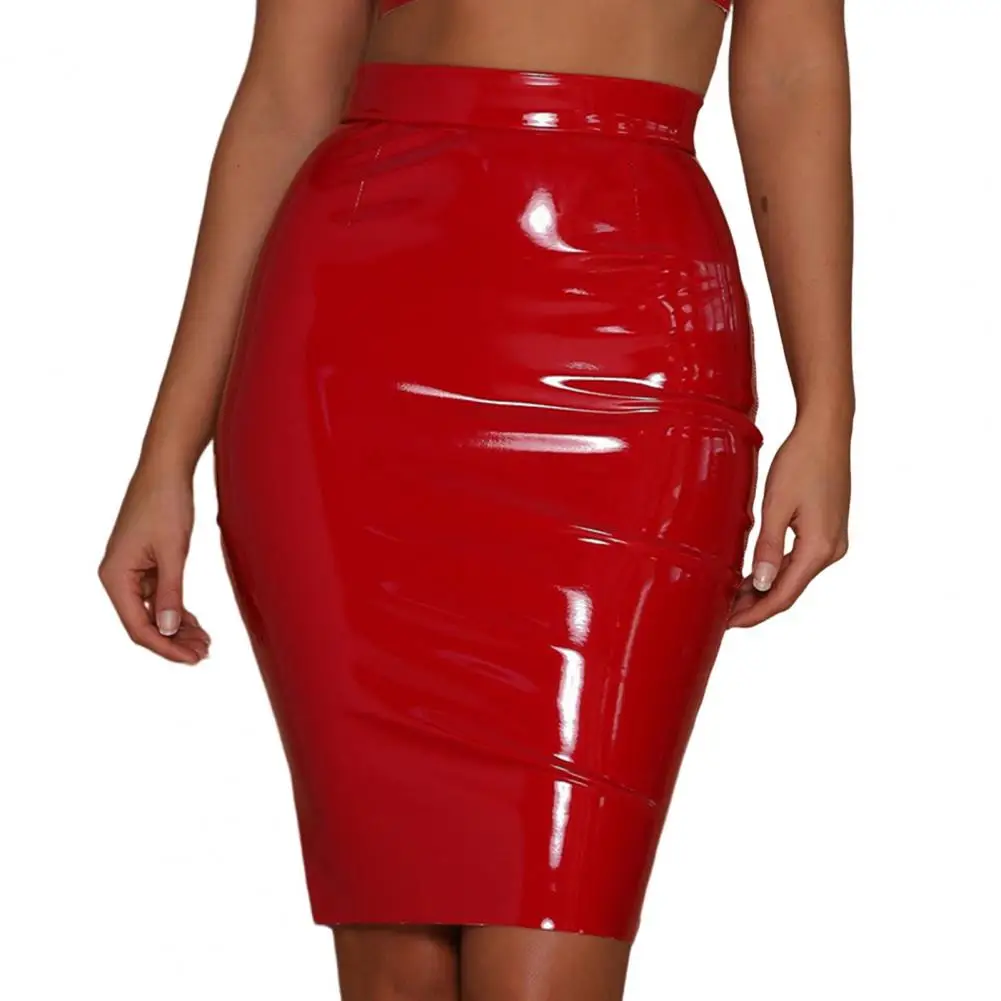 Glossy Surface Club Women Skirt Leather Skinny Sheath High Waist Zipper Solid Color Slim Knee Length Lady Party Skirt PU