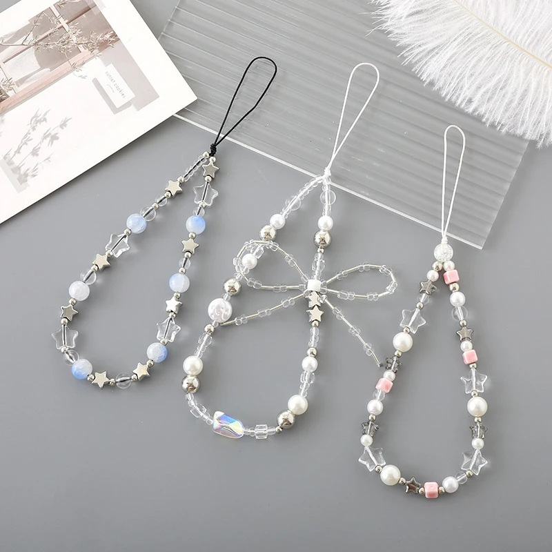 New Sweet Cool Style Pearl Five Pointed Star Beaded Phone Chain Pendant Camera Hanging Rope Anti-Lost Lanyard Hanging Ornaments