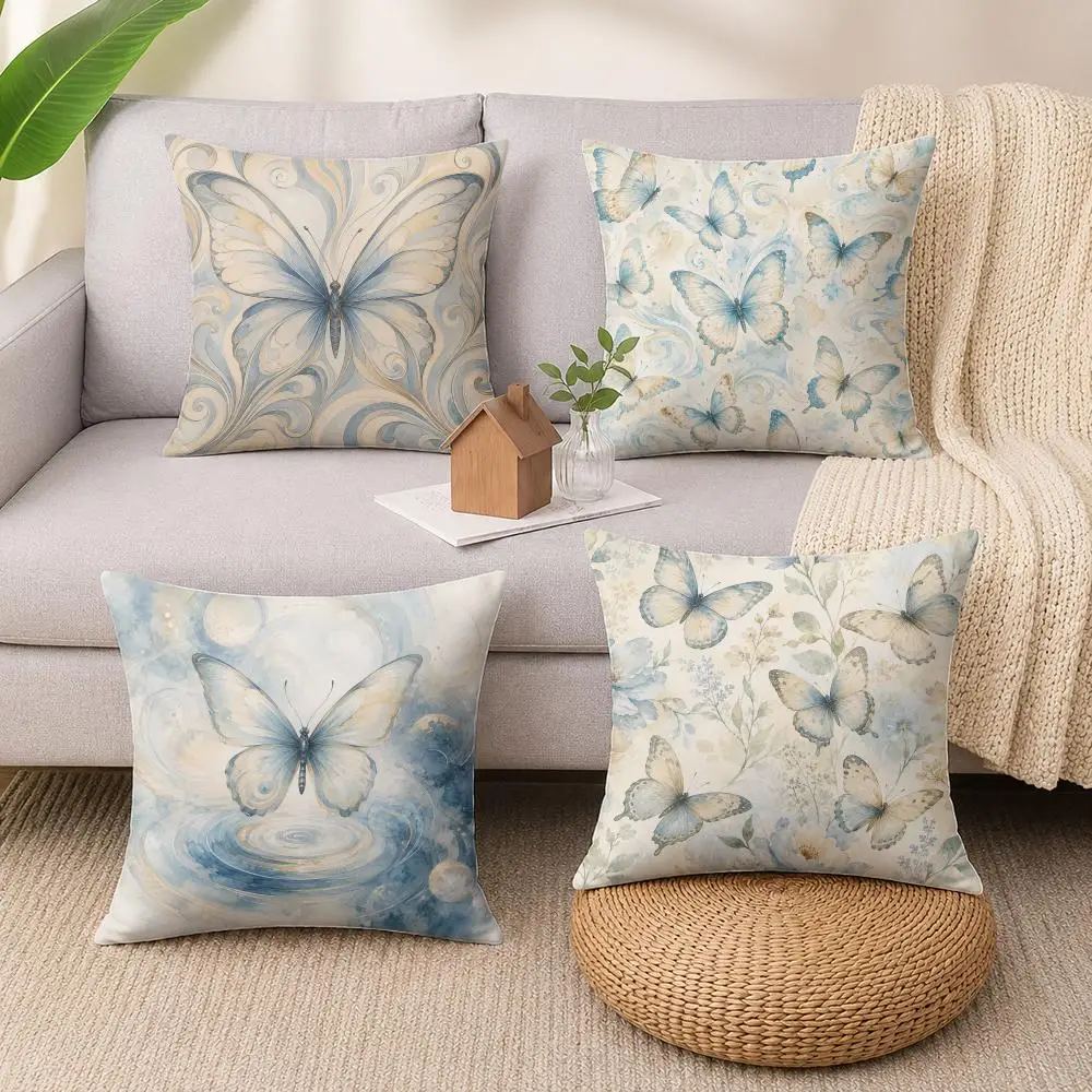 Neutral Watercolor Butterfly Swirl Cushion Cover Soft Short Plush Pillow Cases Hidden Zipper Cutecore Sofa Bedroom Home Decor