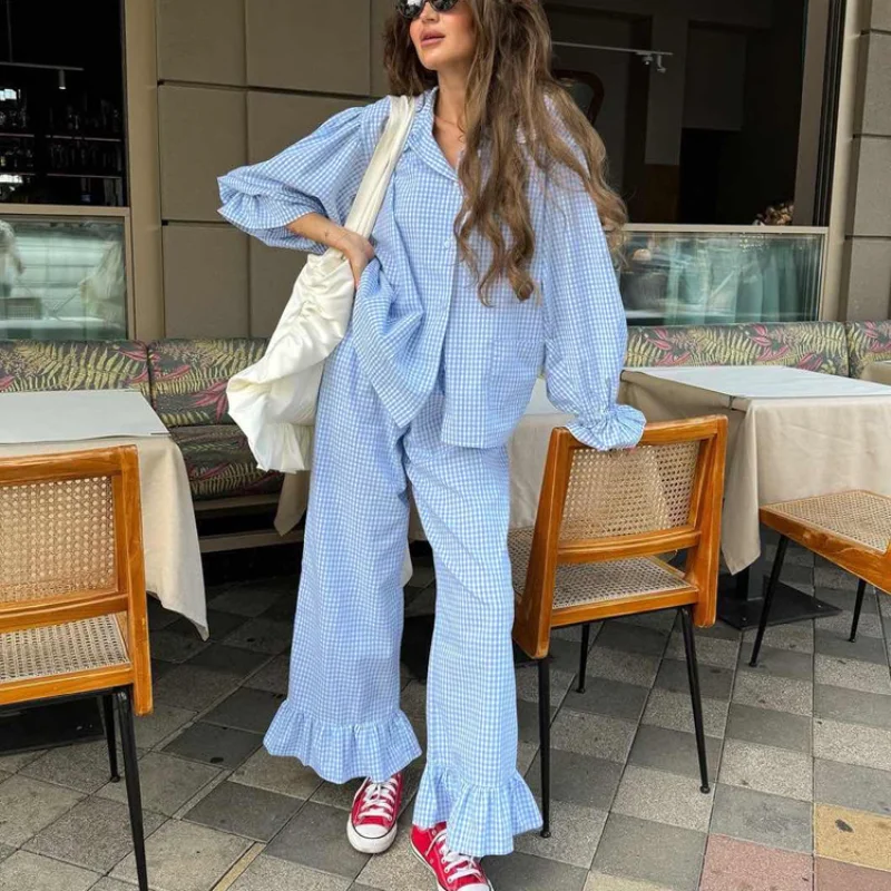 

Women Pant Sets Vintage Plaid Casual Lapel Shirt Top Ruffle Pant Sets Fashion High Street Office Lady Pant Sets Outfit
