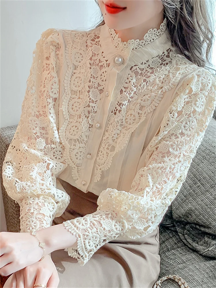 #3241 Black Beige Lace Shirt Women Stand Collar Split Joint Hollow Out Vintage Hollow Out Long Sleeve Shirt Ladies Pearls Button