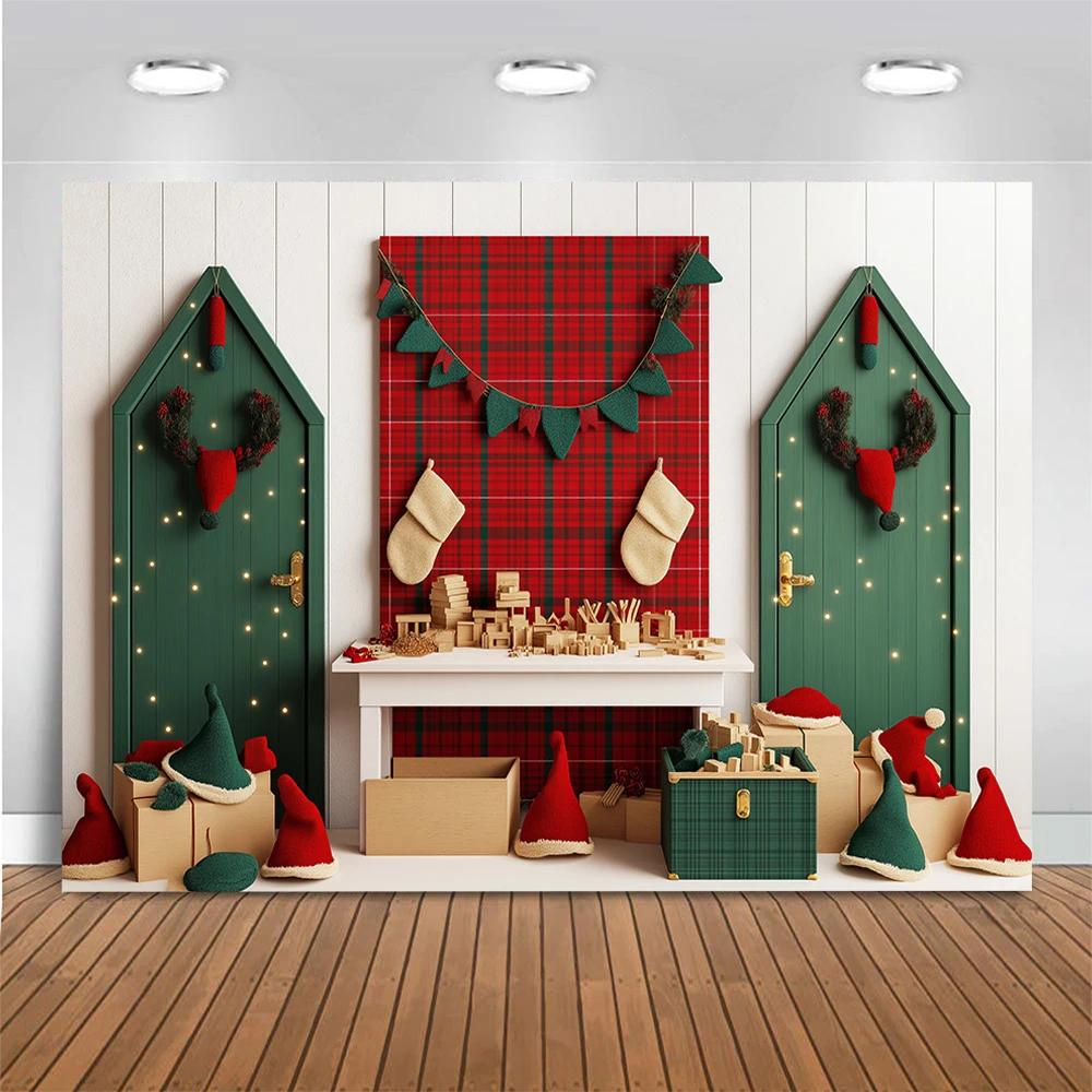 Santa Claus Studio Photography Backdrops Adult Kids Portrait Photocall Background Red Checkered Xmas Tree Gift Photo Props