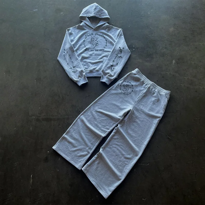 

Fashion Cartoon Graphic Printing Hoodie Wide Leg Sweatpants 2 Piece Casual Loose Sportswear Y2K Men Women Trend Cool Streetwear