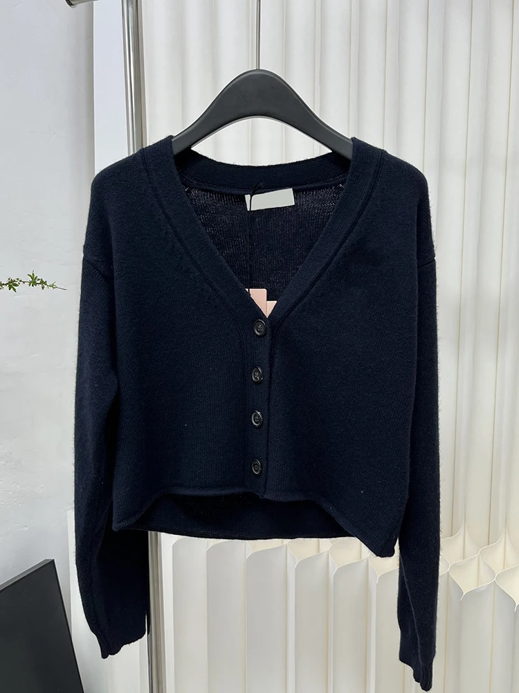 Fashion Designer Summer Dark Blue Loose Thin Cardigan Women's Solid Color V-Neck Single Breasted Long Sleeve Sweaters