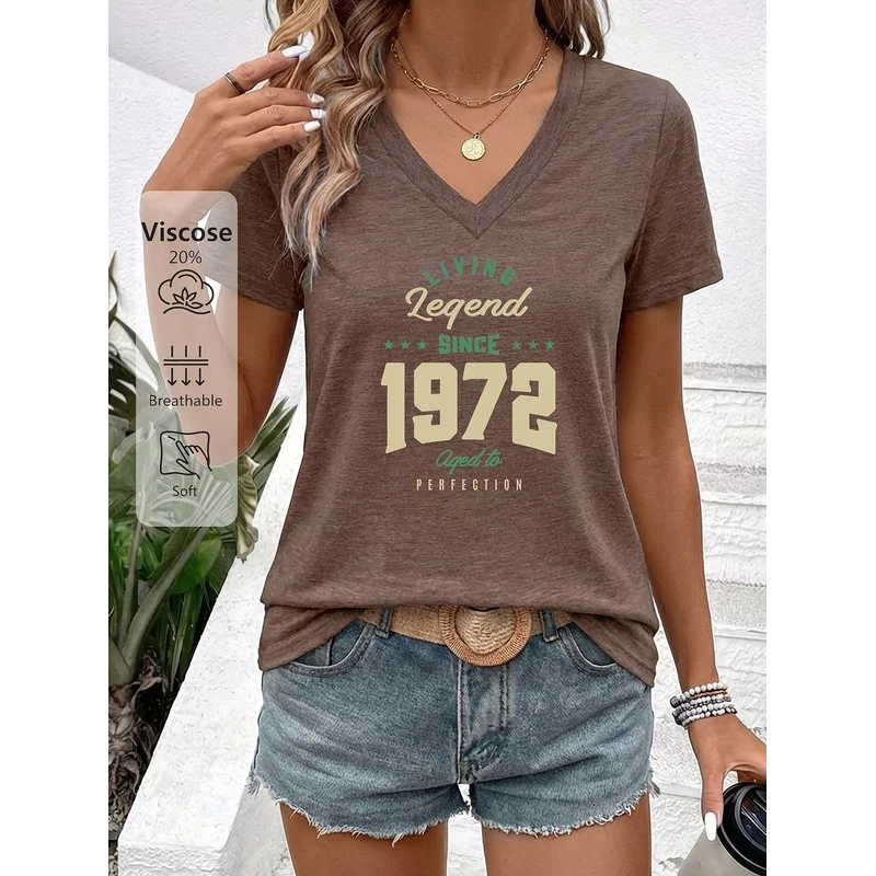 Women'S Summer Clothing 1972 Living Legend Perfect Age Print V-Neck Short Sleeves, Soft, Skin-Friendly And Breathable