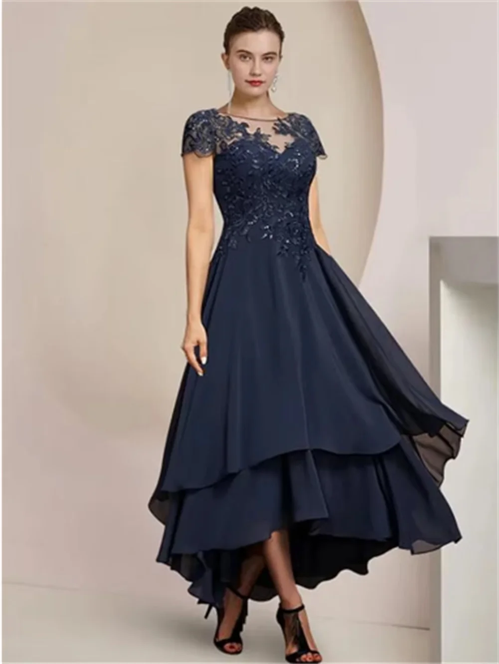

Navy Blue Mother Of The Bride Dress High Low Scoop Neck Chiffon Lace Appliques Beaded Wedding Guest Dress Gown Long Formal Dress