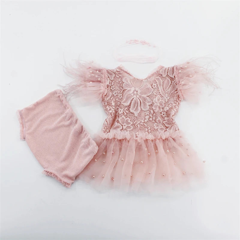 Fairy Newborn Photography Clothing Outfits Flamingo Feathers Infant Lace Dress Panties Pearls Headband 3pcs Sets Photo Costumes