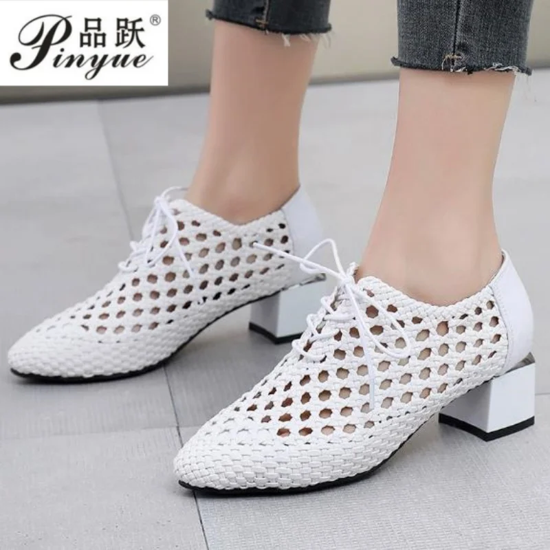 

Новые весенне-летние повседневные туфли из натуральной кожи для женщин, 4,5 см, дышащие сетчатые туфли, женские модные плетеные сандалии, размеры 34-41