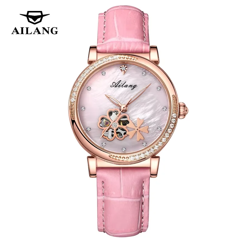 Newest High Quality Women Elegant Diamond Automatic Flower Skeleton Watch Waterproof Leather Strap Wristwatch