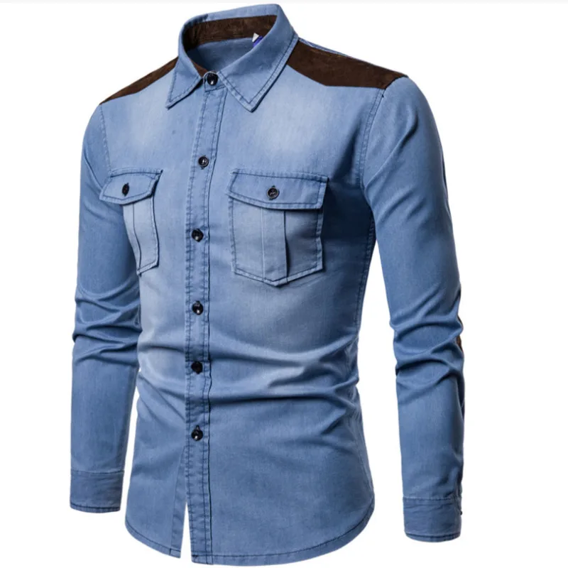 #4610 Spring Autumn Denim Shirt Men Long Sleeve Cotton Jeans Shirt Slim Fit Spliced Suede Jeans Shirts Male Pockets Dress Shirts