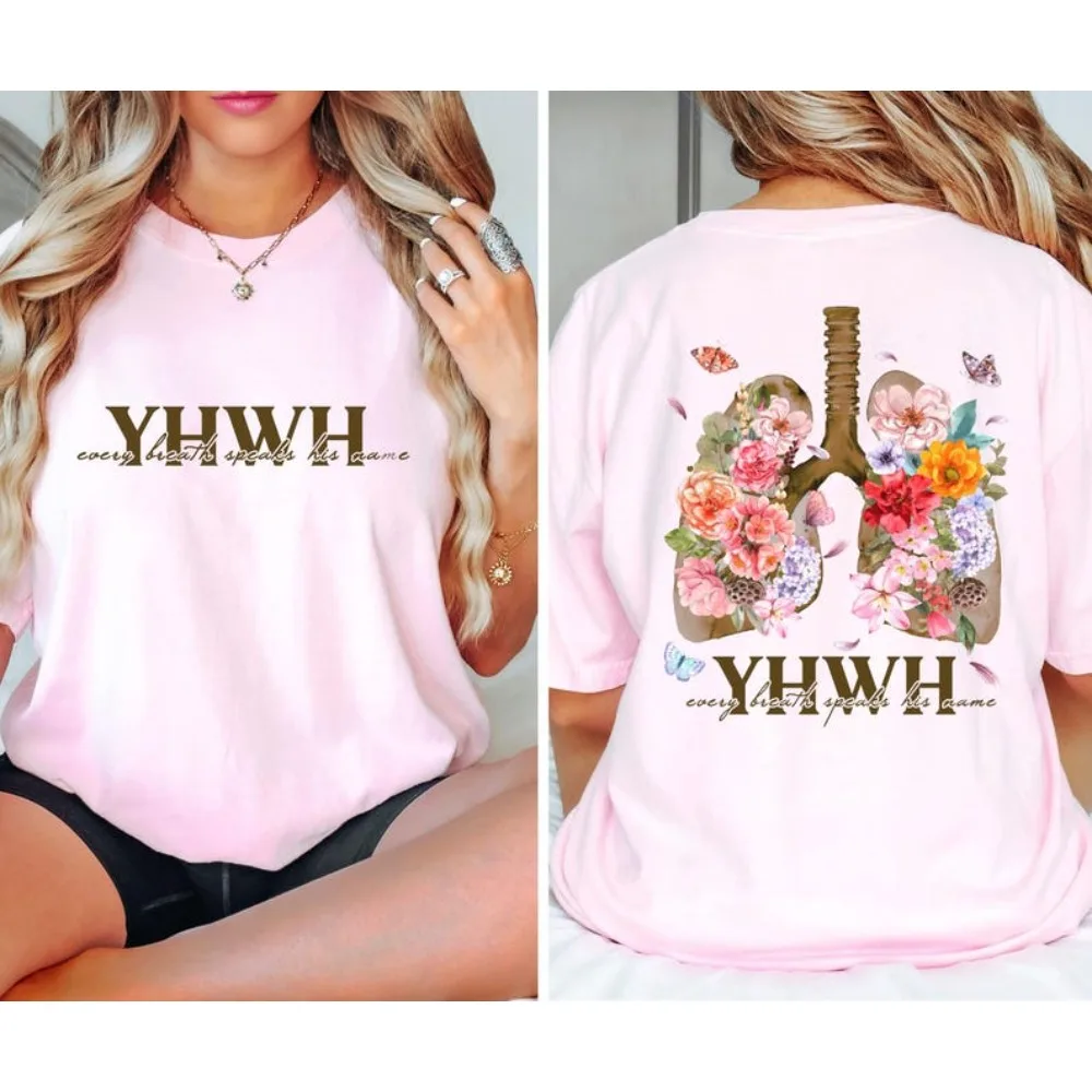 YHWH Lungs Shirt Floral Christian Women T-Shirt Floral Lungs Creative Design Tee YHWH Faith Breathe Shirt Fashion Casual Tops