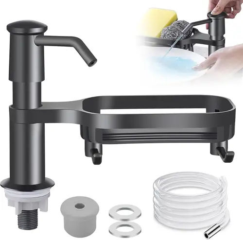 Imagen 1 del producto Dispensador de jabón para platos para fregadero de cocina, bomba dispensadora de jabón para encimera con kit de tubo de extensión de estante de almacenamiento, debajo del fregadero